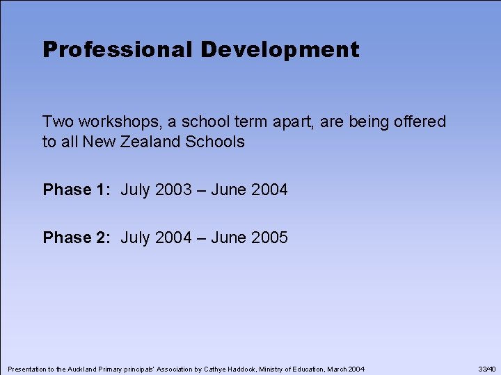 Professional Development Two workshops, a school term apart, are being offered to all New