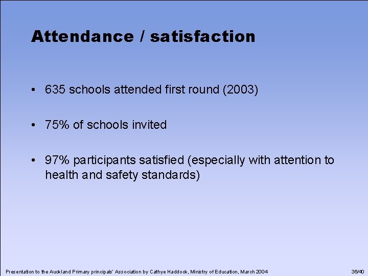 Attendance / satisfaction • 635 schools attended first round (2003) • 75% of schools