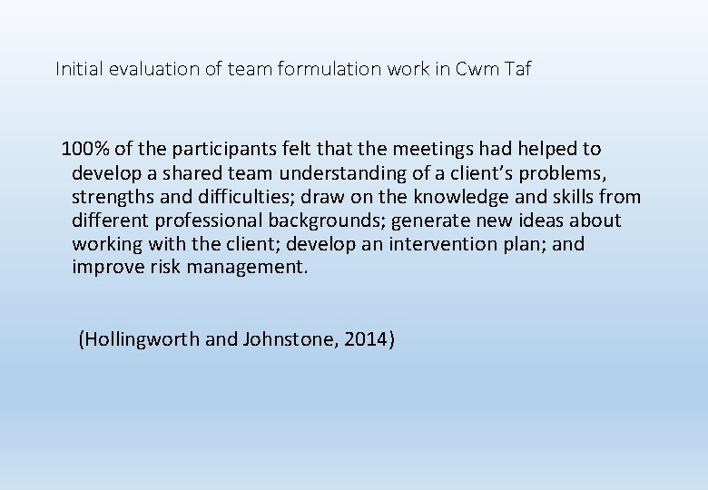 Initial evaluation of team formulation work in Cwm Taf 100% of the participants felt