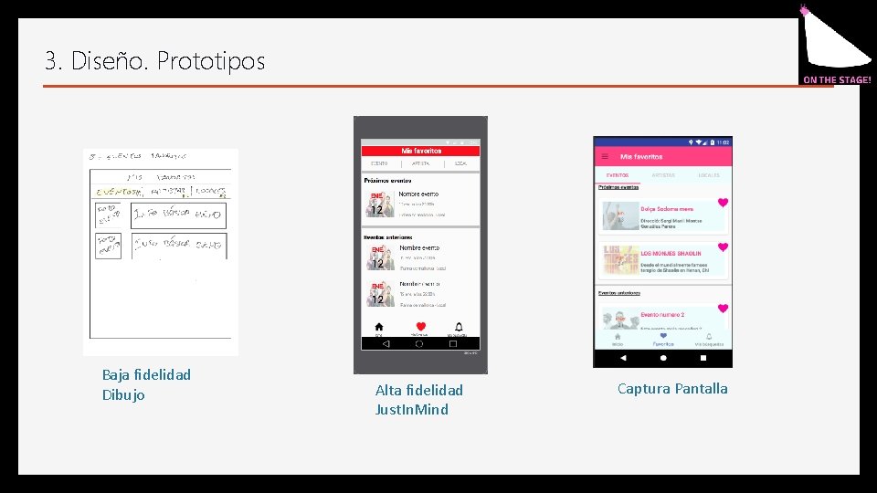 3. Diseño. Prototipos Baja fidelidad Dibujo Alta fidelidad Just. In. Mind Captura Pantalla 