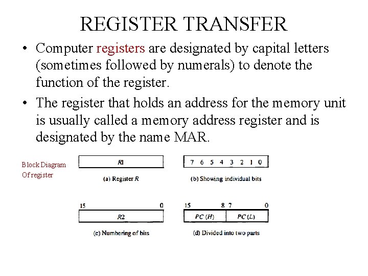 REGISTER TRANSFER • Computer registers are designated by capital letters (sometimes followed by numerals) REGISTER TRANSFER • Computer registers are designated by capital letters (sometimes followed by numerals)