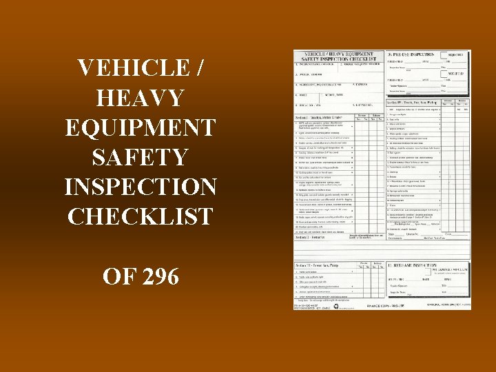 VEHICLE / HEAVY EQUIPMENT SAFETY INSPECTION CHECKLIST OF 296 