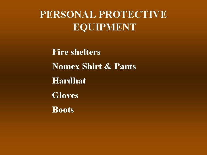 PERSONAL PROTECTIVE EQUIPMENT Fire shelters Nomex Shirt & Pants Hardhat Gloves Boots 