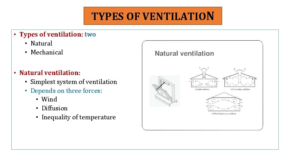 TYPES OF VENTILATION • Types of ventilation: two • Natural • Mechanical • Natural