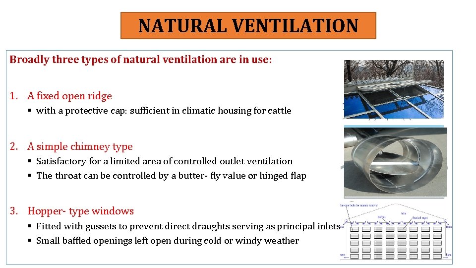 NATURAL VENTILATION Broadly three types of natural ventilation are in use: 1. A fixed