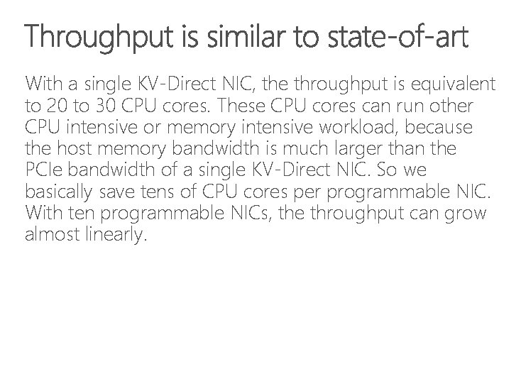 With a single KV-Direct NIC, the throughput is equivalent to 20 to 30 CPU