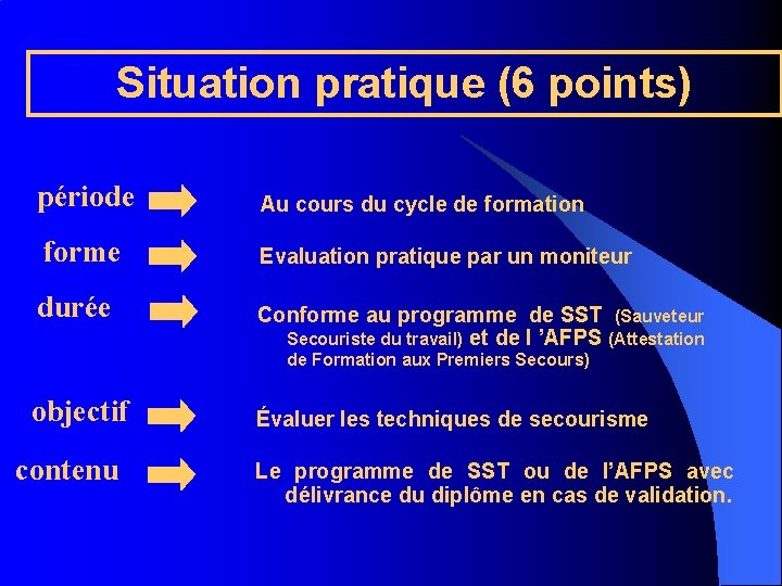Situation pratique (6 points) période Au cours du cycle de formation forme Evaluation pratique
