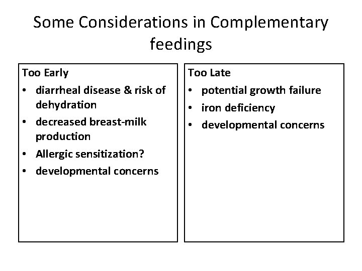 Some Considerations in Complementary feedings Too Early • diarrheal disease & risk of dehydration