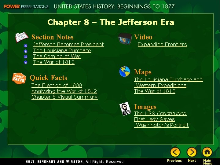Chapter 8 – The Jefferson Era Section Notes Jefferson Becomes President The Louisiana Purchase