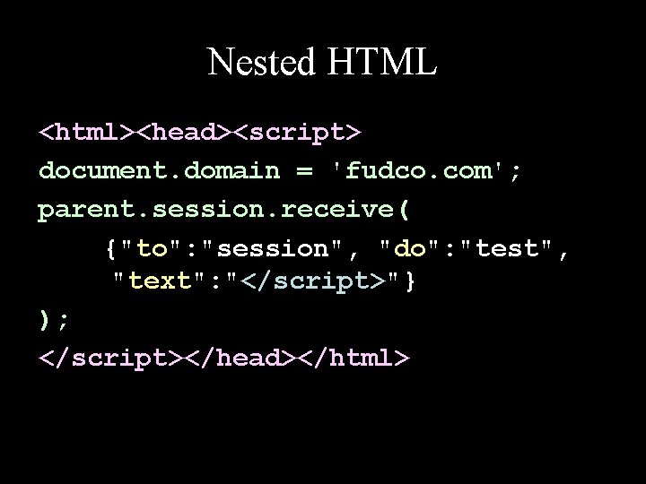 Nested HTML <html><head><script> document. domain = 'fudco. com'; parent. session. receive( {"to": "session", "do":