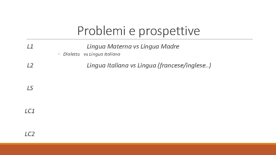 Problemi e prospettive L 1 Lingua Materna vs Lingua Madre ◦ Dialetto vs Lingua
