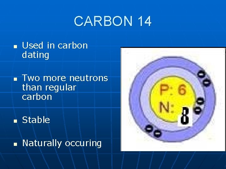 CARBON 14 n n Used in carbon dating Two more neutrons than regular carbon