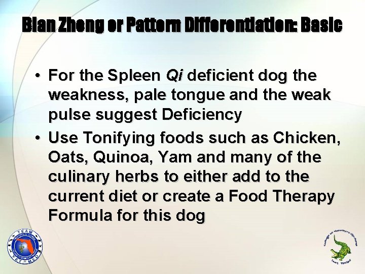 Bian Zheng or Pattern Differentiation: Basic • For the Spleen Qi deficient dog the