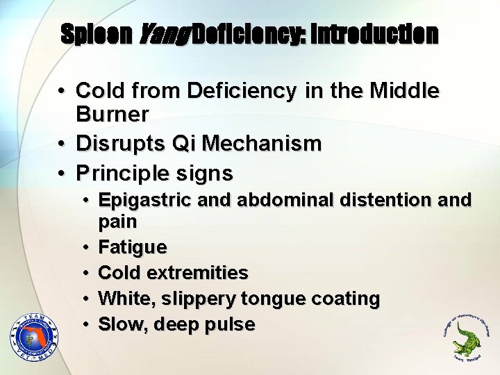 Spleen Yang Deficiency: Introduction • Cold from Deficiency in the Middle Burner • Disrupts
