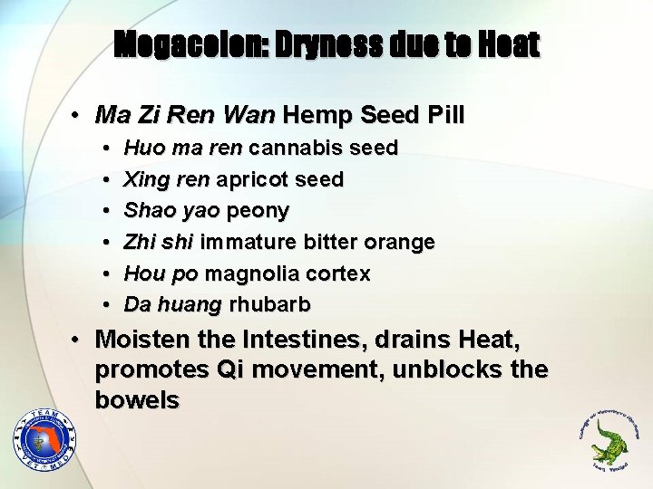 Megacolon: Dryness due to Heat • Ma Zi Ren Wan Hemp Seed Pill •