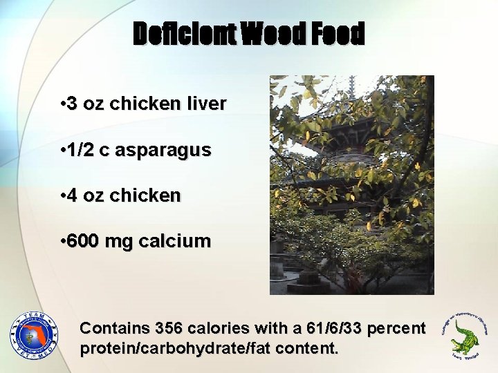 Deficient Wood Food • 3 oz chicken liver • 1/2 c asparagus • 4