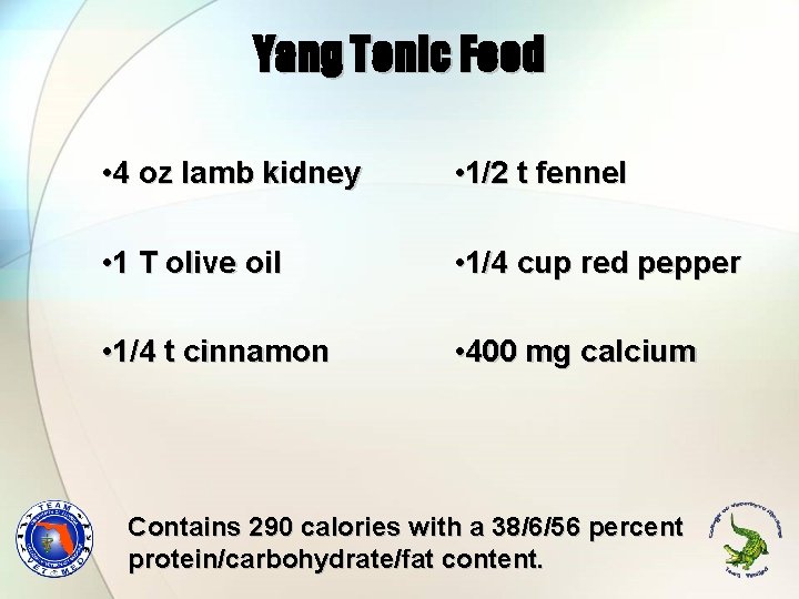 Yang Tonic Food • 4 oz lamb kidney • 1/2 t fennel • 1