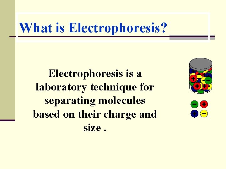 What is Electrophoresis? Electrophoresis is a laboratory technique for separating molecules based on their