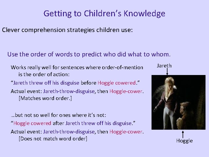 Getting to Children’s Knowledge Clever comprehension strategies children use: Use the order of words