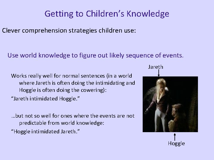 Getting to Children’s Knowledge Clever comprehension strategies children use: Use world knowledge to figure