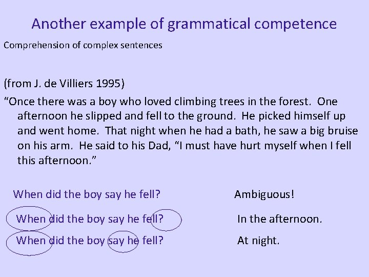 Another example of grammatical competence Comprehension of complex sentences (from J. de Villiers 1995)