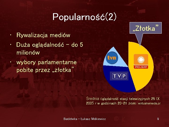 Popularność(2) „Złotka” • Rywalizacja mediów • Duża oglądalność - do 5 milionów • wybory