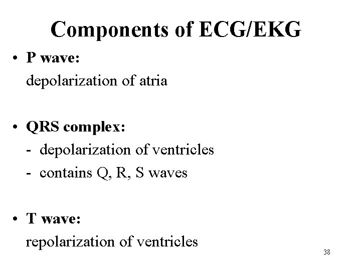 Components of ECG/EKG • P wave: depolarization of atria • QRS complex: - depolarization
