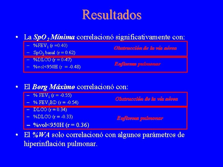Resultados • La Sp. O 2 Mínima correlacionó significativamente con: – – %FEV 1