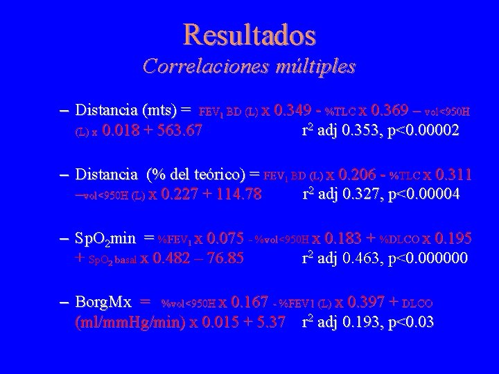 Resultados Correlaciones múltiples – Distancia (mts) = FEV 1 BD (L) x 0. 349