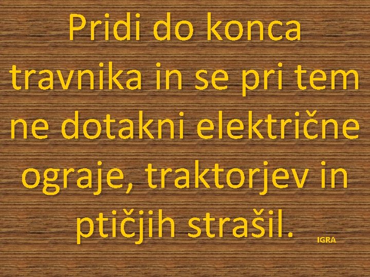 Pridi do konca travnika in se pri tem ne dotakni električne ograje, traktorjev in