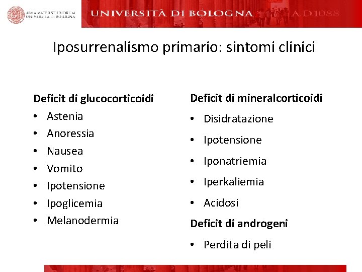 Iposurrenalismo primario: sintomi clinici Deficit di glucocorticoidi • Astenia • Anoressia • Nausea •