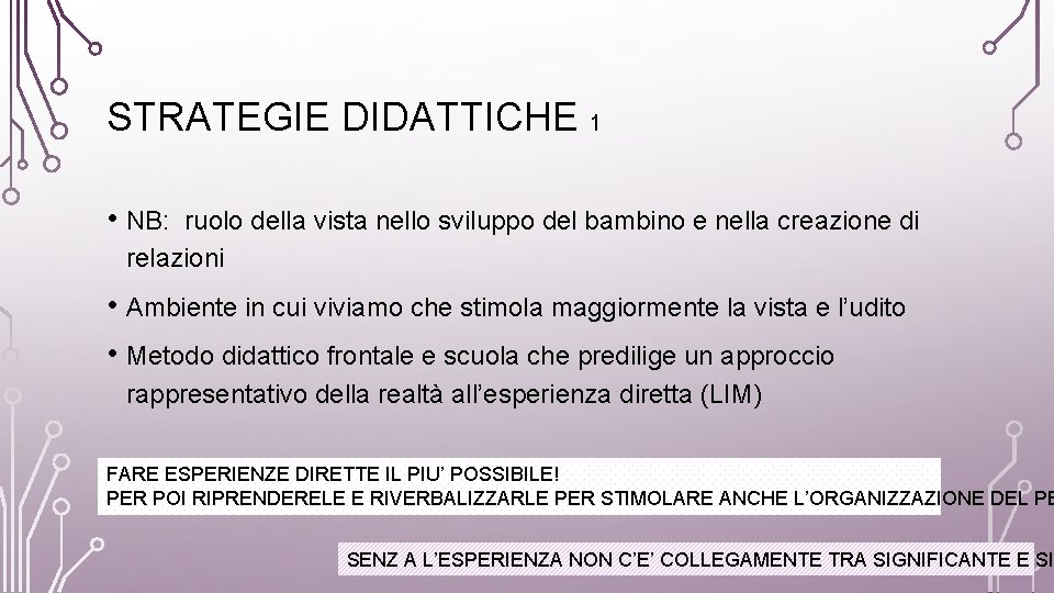 STRATEGIE DIDATTICHE 1 • NB: ruolo della vista nello sviluppo del bambino e nella