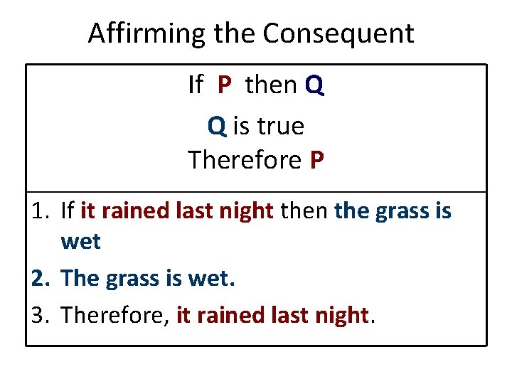 Affirming the Consequent If P then Q Q is true Therefore P 1. If