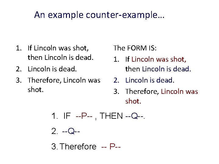 An example counter-example… 1. If Lincoln was shot, then Lincoln is dead. 2. Lincoln