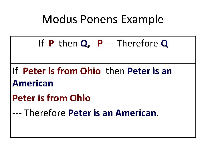 Modus Ponens Example If P then Q, P --- Therefore Q If Peter is