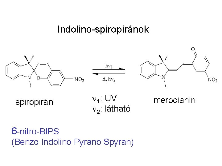 Indolino-spiropiránok spiropirán n 1: UV n 2: látható 6 -nitro-BIPS (Benzo Indolino Pyrano Spyran)