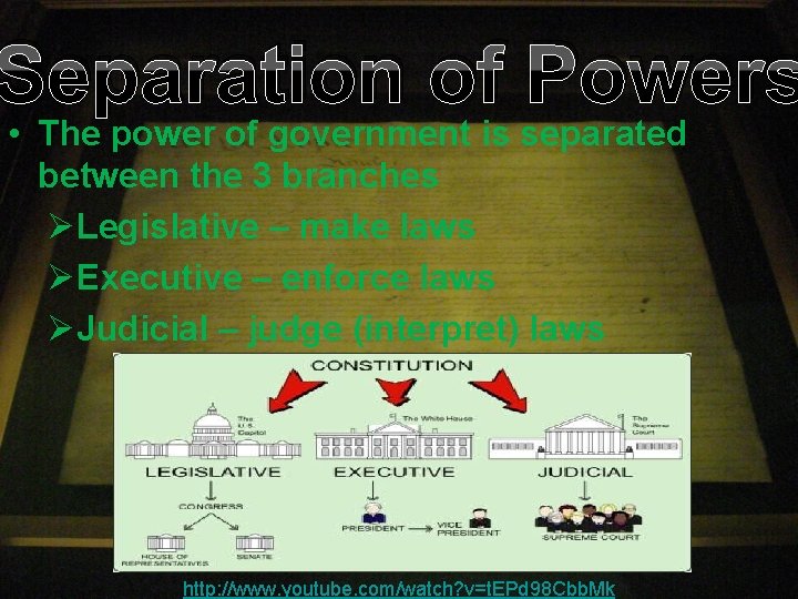 Separation of Powers • The power of government is separated between the 3 branches