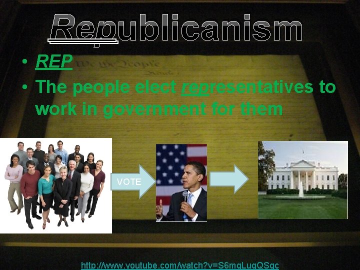 Republicanism • REP • The people elect representatives to work in government for them