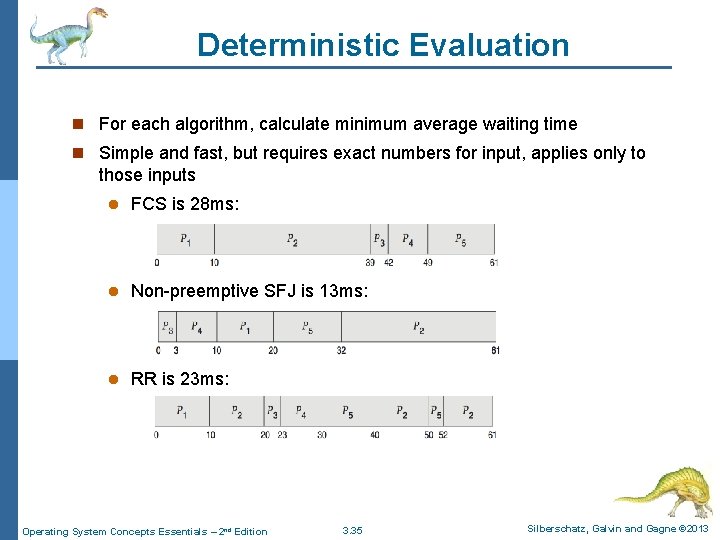 Deterministic Evaluation n For each algorithm, calculate minimum average waiting time n Simple and