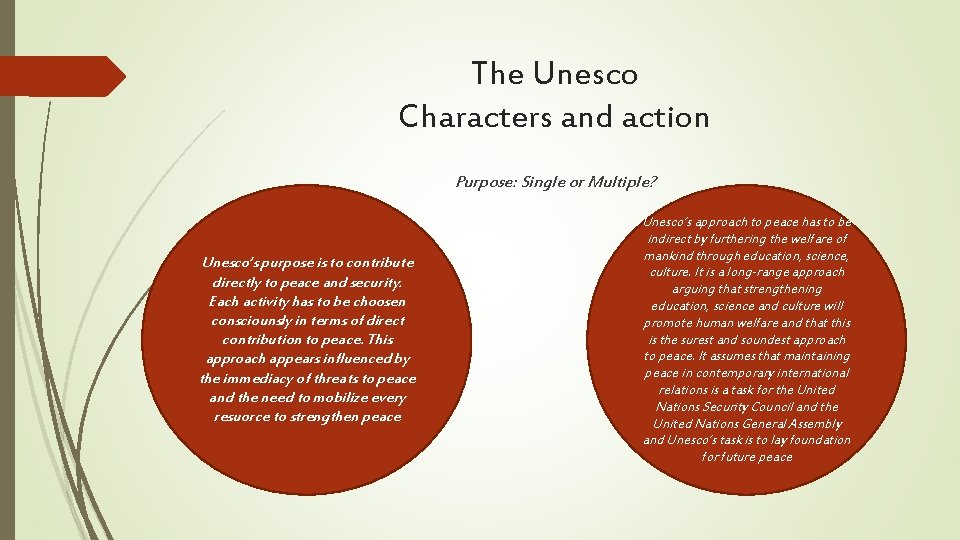 The Unesco Characters and action Purpose: Single or Multiple? Unesco’s purpose is to contribute
