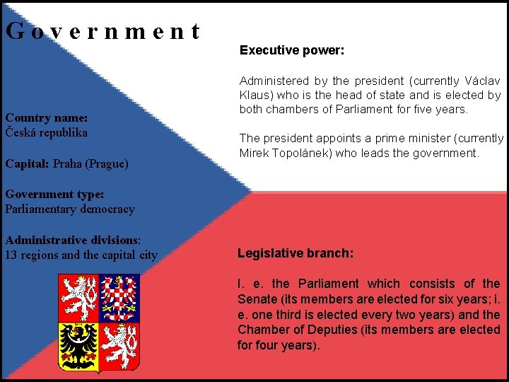 Government G o v e r. Executive n mpower: ent Country name: Česká republika