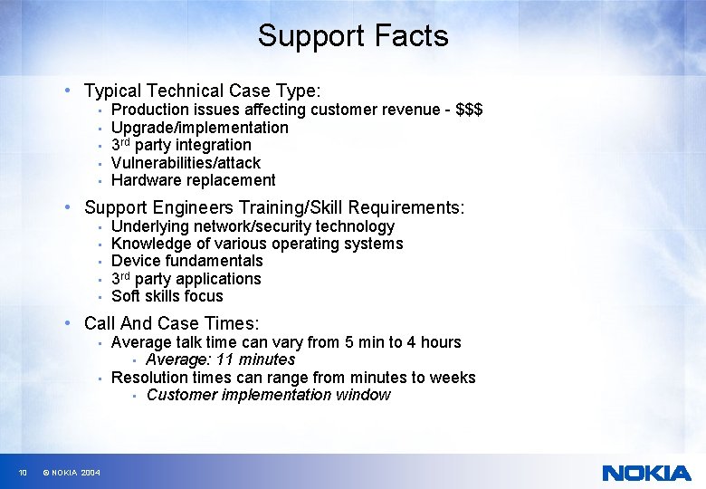 Support Facts • Typical Technical Case Type: • • • Production issues affecting customer