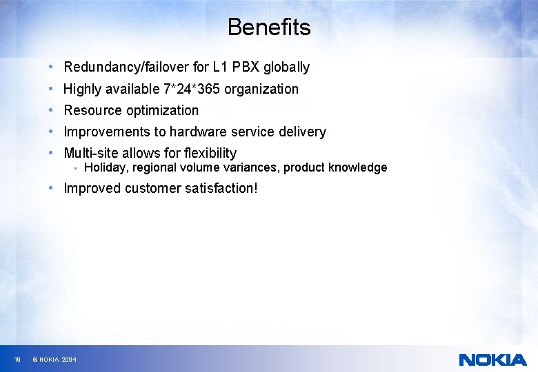 Benefits • Redundancy/failover for L 1 PBX globally • Highly available 7*24*365 organization •