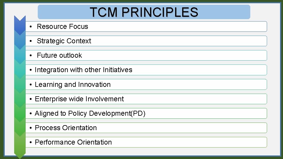 TCM PRINCIPLES • Resource Focus • Strategic Context • Future outlook • Integration with