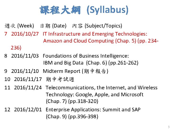 課程大綱 (Syllabus) 週次 (Week) 日期 (Date) 內容 (Subject/Topics) 7 2016/10/27 IT Infrastructure and Emerging