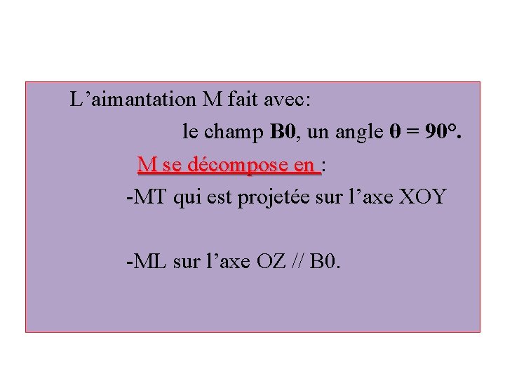  L’aimantation M fait avec: le champ B 0, un angle θ = 90°.