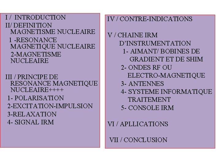  I / INTRODUCTION II/ DEFINITION MAGNETISME NUCLEAIRE 1 -RESONANCE MAGNETIQUE NUCLEAIRE 2 -MAGNETISME
