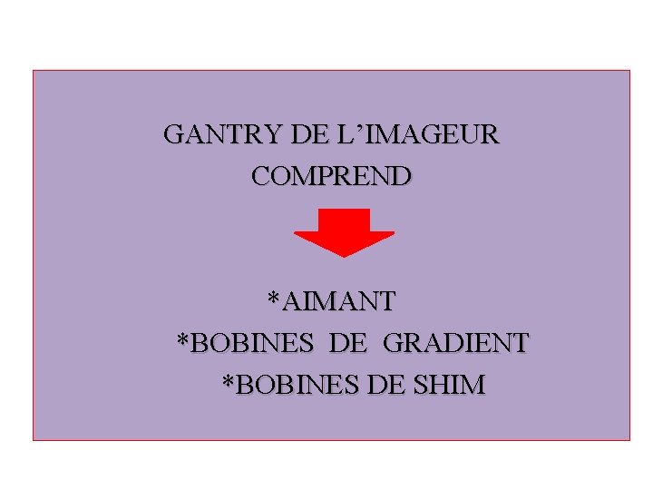 GANTRY DE L’IMAGEUR COMPREND *AIMANT *BOBINES DE GRADIENT *BOBINES DE SHIM 