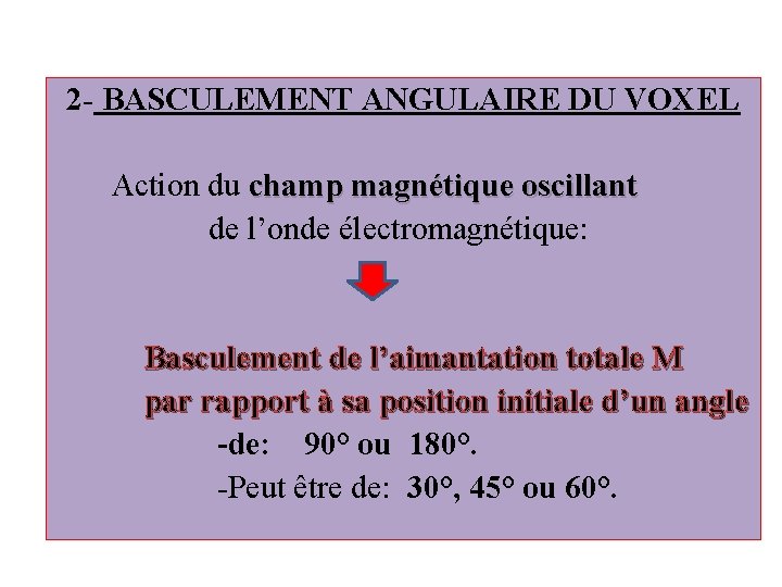 2 - BASCULEMENT ANGULAIRE DU VOXEL Action du champ magnétique oscillant de l’onde électromagnétique: