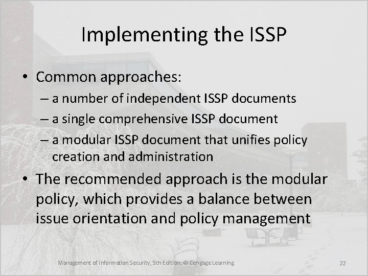 Implementing the ISSP • Common approaches: – a number of independent ISSP documents –